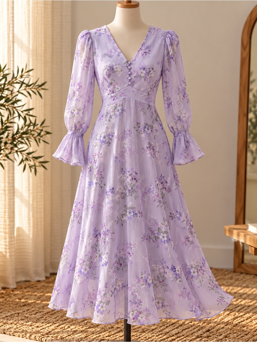 Floral Lavender V-Neck Long Sleeve Midi Dress